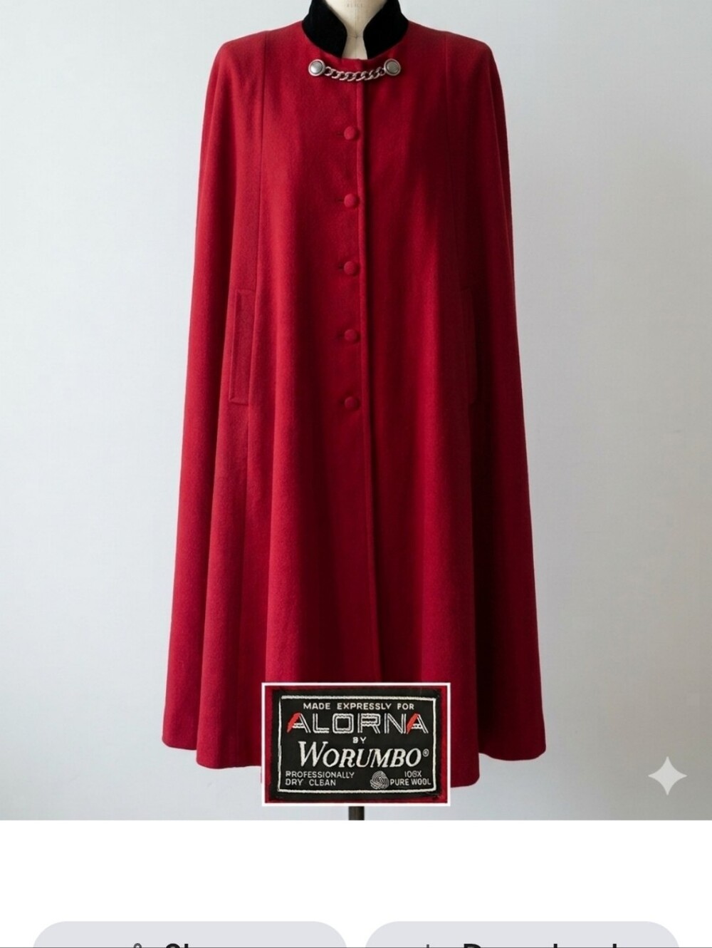 Vintage 80s Alorna Worumbo Luxury Red Wool Cape Cloak Velvet Trim